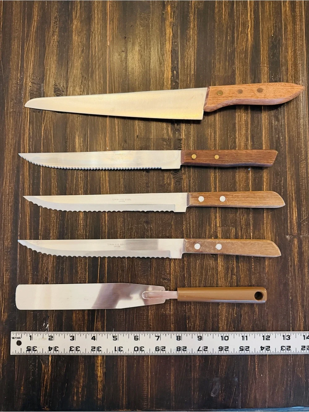 Vintage Japan Kitchen Knife Lot 5 Molybdenum Vanadium Serrated Cake Wood Handles